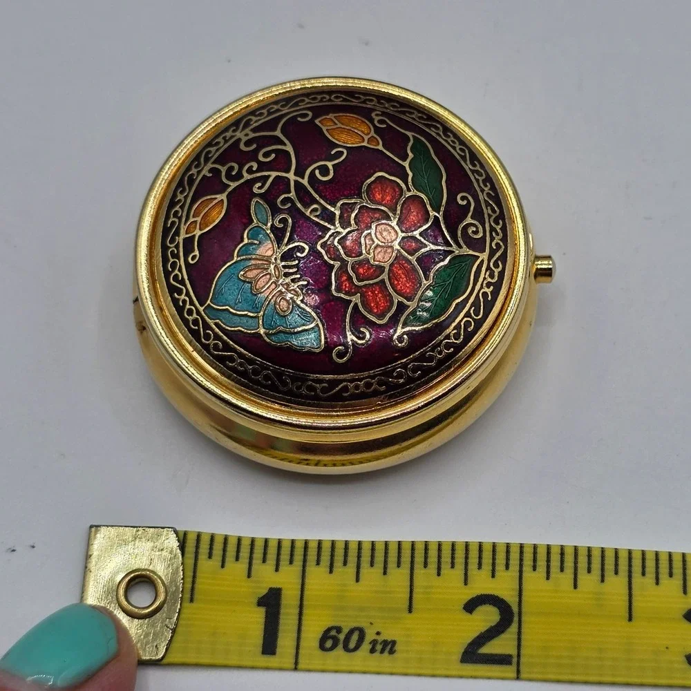 Vintage Cloisonne Pill Box Round Floral Butterfly Organizer Small Jewelry Holder